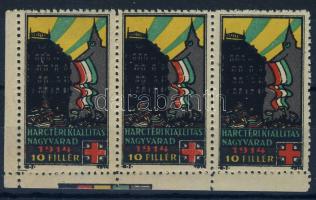 1914 Nagyvárad Harctéri kiállítás hármascsík (a bélyegszélen színskála!)