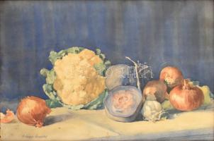 Szilágyi Erzsébet: Csendélet zöldségekkel. Akvarell, papír. Jelzett. Igényes, régi üvegezett fa keretben. 36x52 cm
