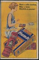 cca 1927 K. Sávely Dezső (1868-1938): Minek a szőke énnekem, mikor a barna Franck-ot szeretem!, Franck kávépótlék reklám, Bp., Klösz Gy.-ny., gyűrődésekkel, 17x11 cm