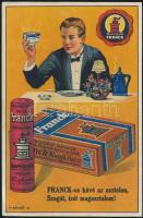 cca 1927 K. Sávely Dezső (1868-1938): Franck-os kávé az asztalon, szagát, ízét magasztalom!, Franck kávépótlék reklám, Bp., Klösz Gy.-ny., kis gyűrődéssel, 17x11 cm