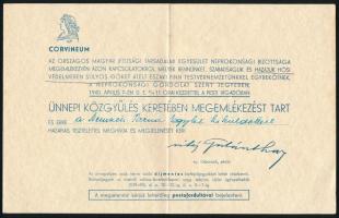 1940 Corvineum, Országos Magyar Ifjúsági Társadalmi Egyesület Néprokonsági Bizottsága finn-magyar testvériségi megemlékezésére szóló meghívó, középen hajtott