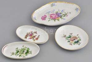 Hollóházi porcelán virágmintás tálkák, 4 db különböző, matricásak, jelzettek, kis kopásokkal. 13x7 cm és 18,5x13 cm közötti méretben