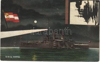 1910 SMS Árpád az Osztrák-Magyar Haditengerészet Habsburg-osztályú csatahajója éjjel / K.u.K. Kriegsmarine Schlachtschiff / SMS Árpád Austro-Hungarian Navy Habsburg-class pre-dreadnought battleship at night, naval flag. G. Fano, Pola 1908-9. No. 23. (EK)