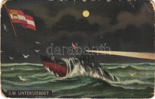 1911 Az Osztrák-Magyar Haditengerészet tengeralattjárója éjjel / K.u.K. Kriegsmarine SM Unterseeboot / Austro-Hungarian Navy submarine at night, naval flag. G. Fano, Pola 1909. No. 40. (EM)