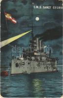 1918 SMS Sankt Georg osztrák-magyar páncélos cirkáló éjjel / K.u.K. Kriegsmarine Panzerkreuzer / WWI Austro-Hungarian Navy, SMS Sankt Georg armored cruiser at night, naval flag. G. Fano, Pola. No. 17. (EB)