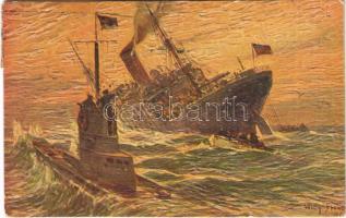 Unterseebootsangriff / WWI Imperial German Navy (Kaiserliche Marine) art postcard, submarine attack s: Willy Stöwer (r)