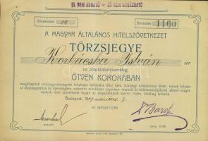 1907. "Magyar Általános Hitelszövetkezet" törzsjegye 50K-ról + 1942. Államadóssági kötvény...