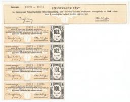 Esztergom 1927. "Esztergomi Takarékpénztár Részvénytársaság" 5db részvénye egyben, összese...