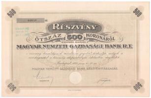 Budapest 1920. Magyar Nemzeti Gazdasági Bank R.T. névre szóló részvénye 500K-ról, szelvényekkel, szárazpecséttel, felülbélyegzéssel T:I-