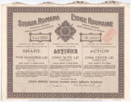 Románia / Bukarest 1926. "Steaua Romana" háromnyelvű részvény 500L-ről, szelvényekkel, felülbélyegzésekkel T:II Romania / Bucuharest 1926. "Steaua Romana" share about 500 Lei, with coupons and overprints C:XF