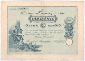 Bicske 1926. Bicskei Takarékpénztár részvénye 50P-ről, szárazpecséttel T:III szakadás, fo.