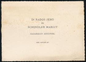 cca 1930 Dr. Rados Jenő (1895-1992) építész. építészettörténész és Schindler Margit házasságkötési értesítője.