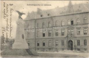 1910 Győr, Szabadság szobor és reáliskola. Milanes Iván kiadása