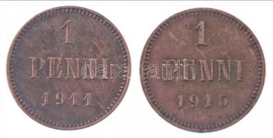 Finnország 1911-1915. 1p Cu (2xklf) T:2,2- Finland 1911-1915. 1 Penni Cu (2xdiff) C:XF,VF Krause KM#13