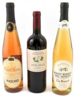 Vegyes olasz bor tétel, 3 db:  2002 Azienda Agricola Vallesanta Polago, bontatlan palack umbriai vörös bor,abv: 11,5%, 0,75 l.; Cá Roveri Pinot Bianco del Veneto, bontatlan palack venetói fehér bor, abv: 10,5%, 0,75 l. ; Casa Maschio Pinot Rosa, bontatlan palack venetói rozé, abv: 11%, 0,75 l.;