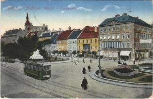 1916 Pozsony, Pressburg, Bratislava; Sétatér, villamos, Kern Endre üzlete / promenade, tram, shops (EK)