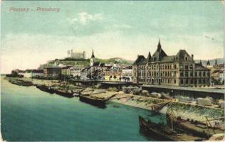 1910 Pozsony, Pressburg, Bratislava; vár, rakpart, uszályok / castle, quay, barges (EK)