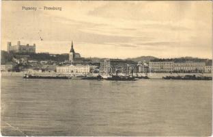 1915 Pozsony, Pressburg, Bratislava; vár, rakpart, uszályok / castle, quay, barges (EB)