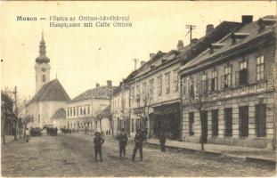 1930 Moson, Fő utca, Schulz J. Otthon kávéház, Kohn Bernát üzlete, templom