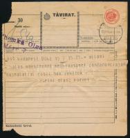 1929 Ercole Durini di Monza budapesti olasz nagykövet távirata, kis szakadással, sarokhiánnyal