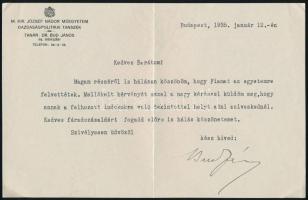 1935 Dr. Bud János (1880-1950), a Bethlen-kormány miniszterének aláírt levele, a M. Kir. József Nádor Műegyetem fejléces levélpapírján