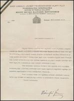 1933 gróf Károlyi József (1884-1934), a Foederatio Stephanea Egyetemi és Főiskolai Hallgatók Szent István Bajtársi Szövetsége fővédnökének aláírt levele, fejléces levélpapíron