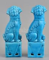 Kínai kék mázas porcelán Pho kutya, 2 db, jelzés nélkül, hibátlanok, m: 11,5 cm