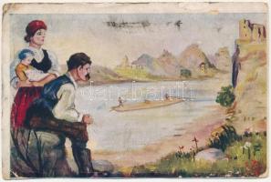 A Vág völgye, vize fája, magyar vágya. Kiadja a Magyar Nemzeti Szövetség / Hungarian irredenta art postcard; rafting in Povazie s: Márton L., Nógrády M. (vágott / cut)