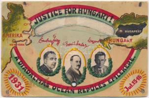 1931 Justice for Hungary! A diadalmas óceánrepülés emlékére. Magyar Sándor navigátor, Endresz György pilóta, Szalay Emil mecénás. Kiadja a Magyar Nemzeti Szövetség. sérült mechanikus lap / Hungarian pilots and their patron of the Hungarian-American Ocean Flight, Trianon Peace Treaty. damaged mechanical postcard (b)