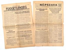 1956 Magyar Függetlenség 1. évfolyam, 5. szám (november 2.), egyik sarka hiányzik + Népszava 77. évfolyam, 1. szám (november 1.), kisebb szakadásokkal
