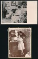 Nagypolgári lakásbelsők elegáns hölgyekkel, 2 db fotó kartonlapra ragasztva, 8,5×11 és 9×14 cm