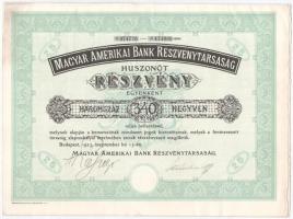 Budapest 1923. Magyar Amerikai Bank Részvénytársaság 25 részvénye egyben, egyenként 340K-ról, szelvényekkel és szárazpecséttel T:II