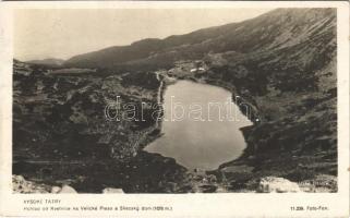 Tátra, Magas-Tátra, Vysoké Tatry; Pohlad od Kvetnice na Velické Pleso a Sliezsky dom / Felkai-tó, Sziléziai ház / lake, tourist house