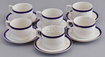 Zsolnay mokkás készlet, 6 db csésze aljjal, részben kézzel festett, jelzett, minimális kopással. m: 4 cm, d: 10 cm