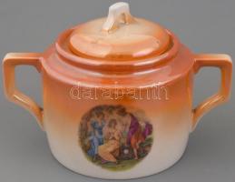 Zsolnay mitológiai jelenettel díszített, irizáló porcelán teáskészlet: kanna, kiöntő, cukortartó, 6 ...