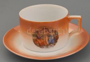 Zsolnay mitológiai jelenettel díszített, irizáló porcelán teáskészlet: kanna, kiöntő, cukortartó, 6 ...