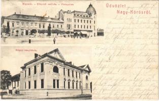1909 Nagykőrös, Népbank, Központi szálloda, postapalota, Polgári leányiskola (fl)