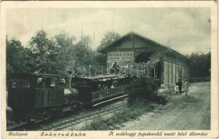 1928 Budapest XII. Svábhegy, Fogaskerekű vasút felső állomása, vasútállomás, gőzmozdony, Mona Lisa fényképész reklámja