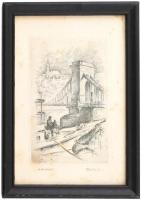 Vertel József (1922-1993): Budapest-Lánchíd, vár, hajó agyúval, vasmacskával, rézkarc, papír, jelzet...