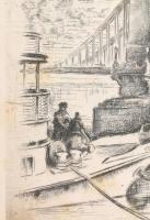 Vertel József (1922-1993): Budapest-Lánchíd, vár, hajó agyúval, vasmacskával, rézkarc, papír, jelzet...