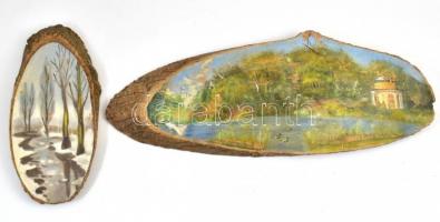 Két fára festett kép. Akril, fa szelet. Jelzés nélkül, kopásokkal. 54x22 cm, 30x16 cm