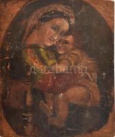 Raffaello (1483-1520) után, jelzés nélkül, feltehetően XIX. sz. végén vagy a 20. sz. elején működött festő alkotása: Madonna della Sedia. Olaj, falemez. Sérült. 62x50,5 cm