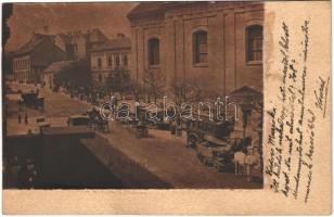 1905 Budapest I. Krisztina tér, heti vásár a templomnál, omnibusz, lovaskocsik. photo