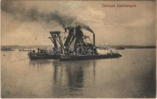 1911 Kiskőszeg, Batina (Darázs, Draz); kotróhajó a Dunán. Kiadja Borkovits Nándor / dredge over the Danube (r)