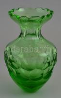 Moser csehszlovák zöld üveg váza, kis csorbákkal, m: 18 cm, d: 9 cm