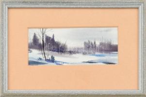 Gyenes jelzéssel: Téli táj. Akvarell, papír. Üvegezett fa keretben. 7x16,5 cm.