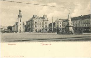 Temesvár, Timisoara; Kossuth tér, emlékmű, templom, Brüder Kohn, Takarékpénztár, Duschnitz László, Weber J. és Spira üzlete / square, savings bank, shops, statue