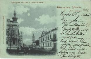 1899 (Vorläufer) Beszterce, Bistritz, Bistrita; Kórház utca, posta, Pénzügyigazgatóság, este. Carl Binder / Spitalgasse, Post, Finanzdirection / street, post office, financial directoriate, night