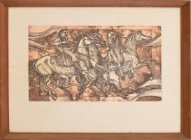 Kádas István (1941-): Ellopott lovak. Rézkarc, papír, jelzett, sorszámozott 53/100 üvegezett keretben, 24×39 cm