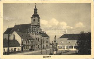 1939 Somorja, Somorin, Samorín; utca, Szentháromság szobor, templom, Földműves Kölcsönös Pénztár. Kranzinger Nándor kiadása / street, trinity statue, church, bank (Rb)